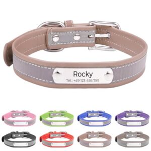 Reflektierend Halsband für Hunde aus Leder Personalisierte Hundehalsband mit Namen Gravur Hellbraun Halsband mit Namenschild für den großen, mittleren Hund, Hundehalsbänder L